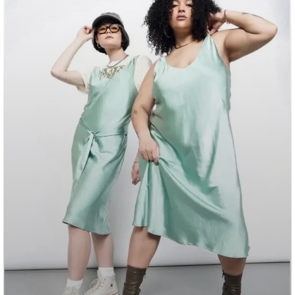 Wildfang Seafoam Green Empower Satin Slip Dress Medium Adjustable Midi V-Neck